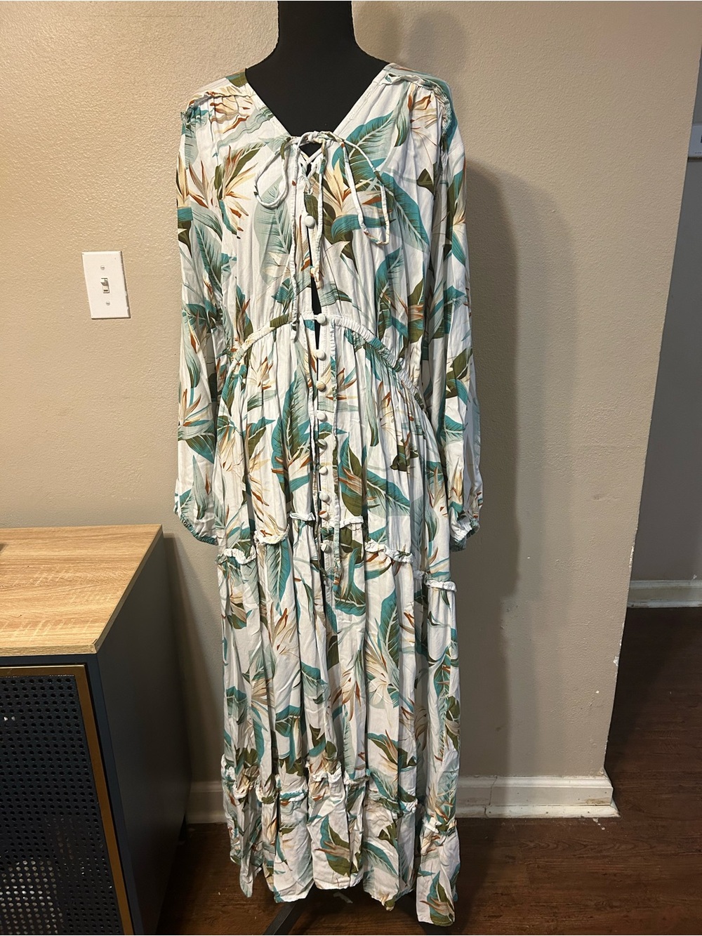 e.l.f. Women’s 3X Boho Tropical Leaf Print Maxi Dress Long Sleeve Lace-Up Tiered